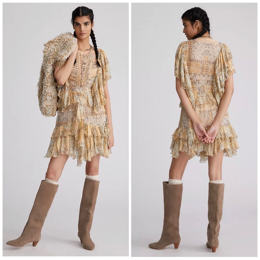 Mes Demoiselles Crook Gold Metallic Ruffle Mini Dress NWOT Cottage core size 10